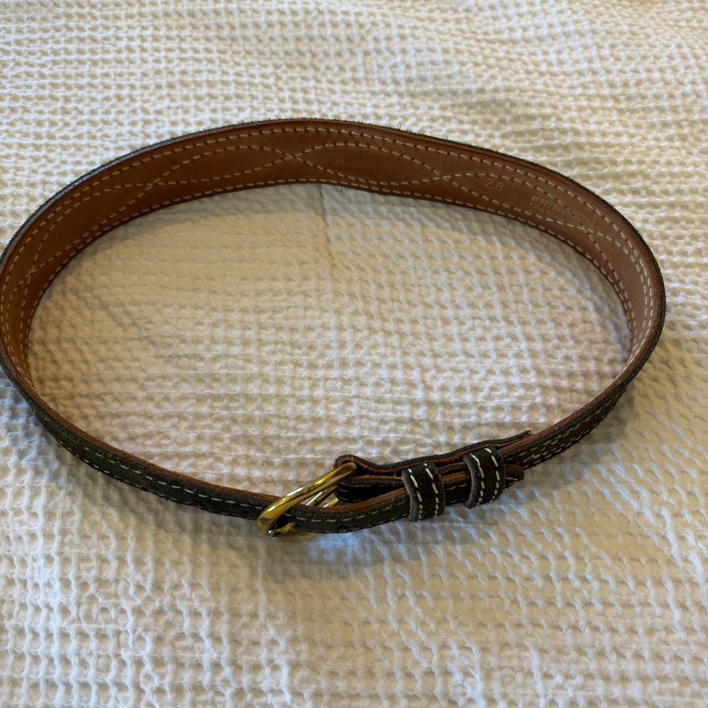 Hereford Brand 28 Dark Olive Green Suede Leather Belt Contrast Stitch 2057B